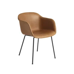 Muuto Fiber Spisebordsstol med Armlán og Tube Base Láder Polstret Cognac/Sort