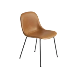 Muuto Fiber Spisebordsstol med Tube Base Láder Polstret Cognac/Sort