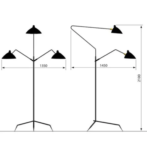 Serge Mouille Lampadaire 3 Gulvlampe Sort & Messing